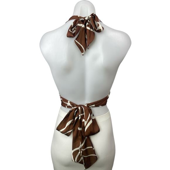 Victoria + Sophia Brown Halter Sleeveless Open Back Plunge V Blouse Crop Top S - Picture 2 of 3